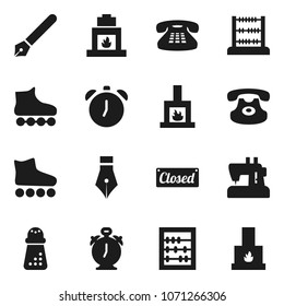Flat vector icon set - hand mill vector, pen, alarm clock, abacus, roller Skates, classic phone, fireplace, closed, sewing machine