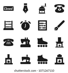 Flat vector icon set - hand mill vector, pen, alarm clock, abacus, roller Skates, classic phone, fireplace, closed, sewing machine