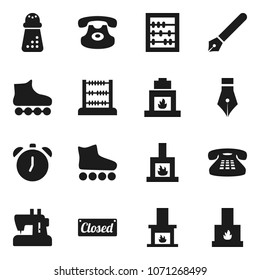 Flat vector icon set - hand mill vector, pen, alarm clock, abacus, roller Skates, classic phone, fireplace, closed, sewing machine