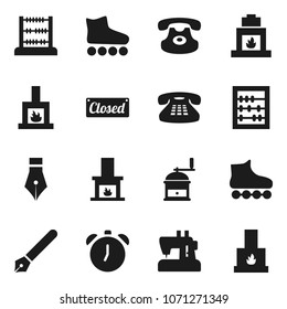 Flat vector icon set - hand mill vector, pen, alarm clock, abacus, roller Skates, classic phone, fireplace, closed, sewing machine