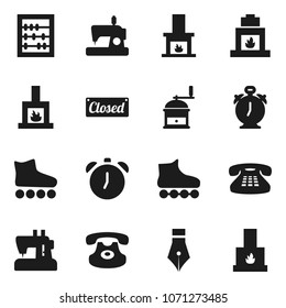 Flat vector icon set - hand mill vector, pen, alarm clock, abacus, roller Skates, classic phone, fireplace, closed, sewing machine