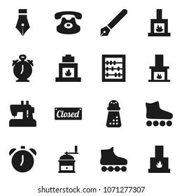 Flat vector icon set - hand mill vector, pen, alarm clock, abacus, roller Skates, classic phone, fireplace, closed, sewing machine