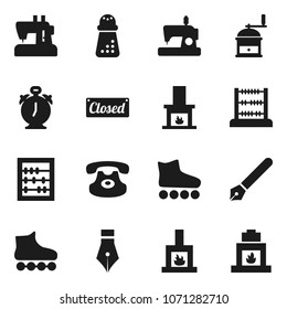 Flat vector icon set - hand mill vector, pen, alarm clock, abacus, roller Skates, classic phone, fireplace, closed, sewing machine