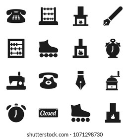 Flat vector icon set - hand mill vector, pen, alarm clock, abacus, roller Skates, classic phone, fireplace, closed, sewing machine