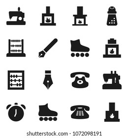 Flat vector icon set - hand mill vector, pen, alarm clock, abacus, roller Skates, classic phone, fireplace, sewing machine