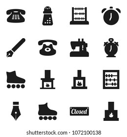 Flat vector icon set - hand mill vector, pen, alarm clock, abacus, roller Skates, classic phone, fireplace, closed, sewing machine