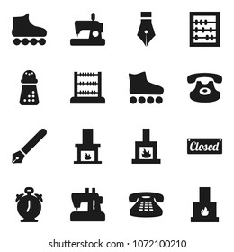 Flat vector icon set - hand mill vector, pen, alarm clock, abacus, roller Skates, classic phone, fireplace, closed, sewing machine