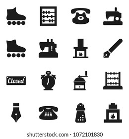 Flat vector icon set - hand mill vector, pen, alarm clock, abacus, roller Skates, classic phone, fireplace, closed, sewing machine