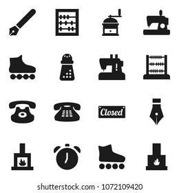 Flat vector icon set - hand mill vector, pen, alarm clock, abacus, roller Skates, classic phone, fireplace, closed, sewing machine