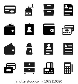 Flat vector icon set - hand mill vector, archive, personal information, credit card, wallet, reader