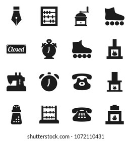 Flat vector icon set - hand mill vector, pen, alarm clock, abacus, roller Skates, classic phone, fireplace, closed, sewing machine