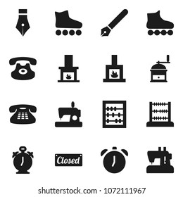 Flat vector icon set - hand mill vector, pen, alarm clock, abacus, roller Skates, classic phone, fireplace, closed, sewing machine