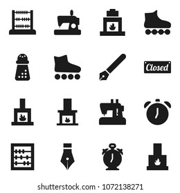 Flat vector icon set - hand mill vector, pen, alarm clock, abacus, roller Skates, fireplace, closed, sewing machine