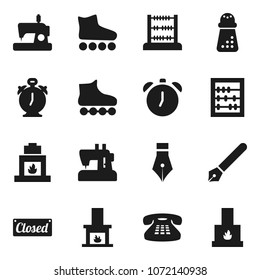 Flat vector icon set - hand mill vector, pen, alarm clock, abacus, roller Skates, classic phone, fireplace, closed, sewing machine