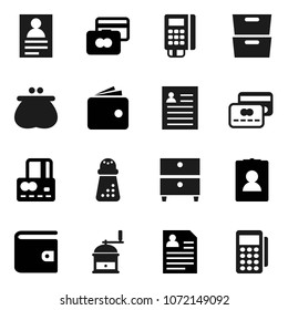 Flat vector icon set - hand mill vector, archive, personal information, credit card, wallet, reader