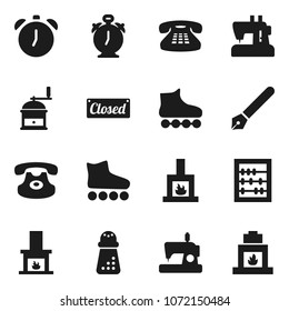 Flat vector icon set - hand mill vector, pen, alarm clock, abacus, roller Skates, classic phone, fireplace, closed, sewing machine