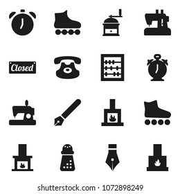 Flat vector icon set - hand mill vector, pen, alarm clock, abacus, roller Skates, classic phone, fireplace, closed, sewing machine