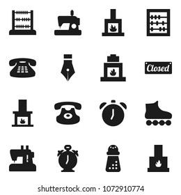 Flat vector icon set - hand mill vector, pen, alarm clock, abacus, roller Skates, classic phone, fireplace, closed, sewing machine