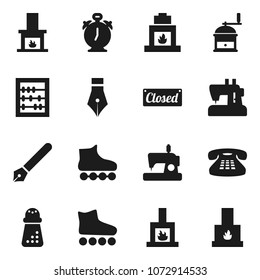 Flat vector icon set - hand mill vector, pen, alarm clock, abacus, roller Skates, classic phone, fireplace, closed, sewing machine