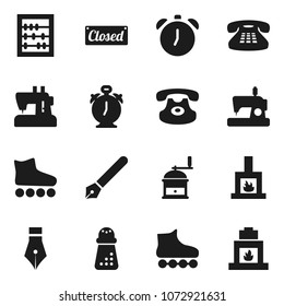 Flat vector icon set - hand mill vector, pen, alarm clock, abacus, roller Skates, classic phone, fireplace, closed, sewing machine