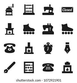 Flat vector icon set - hand mill vector, pen, alarm clock, abacus, roller Skates, classic phone, fireplace, closed, sewing machine