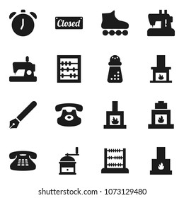 Flat vector icon set - hand mill vector, pen, alarm clock, abacus, roller Skates, classic phone, fireplace, closed, sewing machine