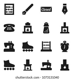 Flat vector icon set - hand mill vector, pen, alarm clock, abacus, roller Skates, classic phone, fireplace, closed, sewing machine