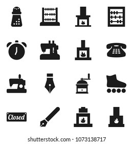 Flat vector icon set - hand mill vector, pen, alarm clock, abacus, roller Skates, classic phone, fireplace, closed, sewing machine