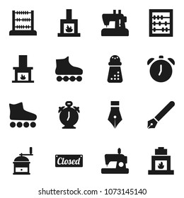 Flat vector icon set - hand mill vector, pen, alarm clock, abacus, roller Skates, fireplace, closed, sewing machine