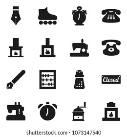 Flat vector icon set - hand mill vector, pen, alarm clock, abacus, roller Skates, classic phone, fireplace, closed, sewing machine