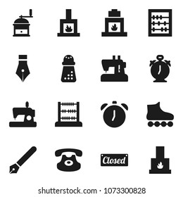 Flat vector icon set - hand mill vector, pen, alarm clock, abacus, roller Skates, classic phone, fireplace, closed, sewing machine