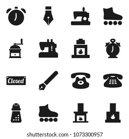 Flat vector icon set - hand mill vector, pen, alarm clock, roller Skates, classic phone, fireplace, closed, sewing machine