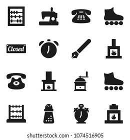 Flat vector icon set - hand mill vector, pen, alarm clock, abacus, roller Skates, classic phone, fireplace, closed, sewing machine