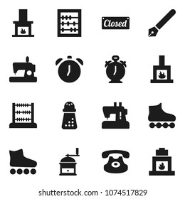 Flat vector icon set - hand mill vector, pen, alarm clock, abacus, roller Skates, classic phone, fireplace, closed, sewing machine