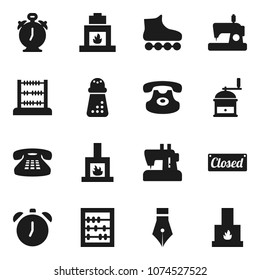 Flat vector icon set - hand mill vector, pen, alarm clock, abacus, roller Skates, classic phone, fireplace, closed, sewing machine