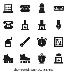 Flat vector icon set - hand mill vector, pen, alarm clock, abacus, roller Skates, classic phone, fireplace, closed