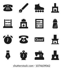 Flat vector icon set - hand mill vector, pen, alarm clock, abacus, roller Skates, classic phone, fireplace, closed, sewing machine