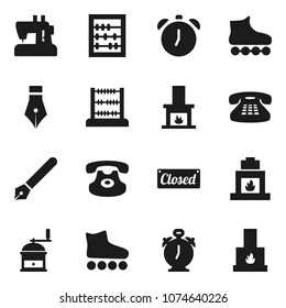 Flat vector icon set - hand mill vector, pen, alarm clock, abacus, roller Skates, classic phone, fireplace, closed, sewing machine