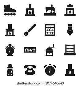 Flat vector icon set - hand mill vector, pen, alarm clock, abacus, roller Skates, classic phone, fireplace, closed, sewing machine
