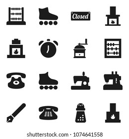 Flat vector icon set - hand mill vector, pen, alarm clock, abacus, roller Skates, classic phone, fireplace, closed, sewing machine