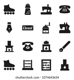 Flat vector icon set - hand mill vector, pen, abacus, roller Skates, classic phone, fireplace, closed, sewing machine