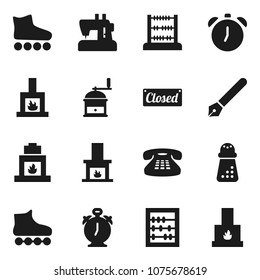 Flat vector icon set - hand mill vector, pen, alarm clock, abacus, roller Skates, classic phone, fireplace, closed, sewing machine