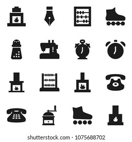 Flat vector icon set - hand mill vector, pen, alarm clock, abacus, roller Skates, classic phone, fireplace, sewing machine