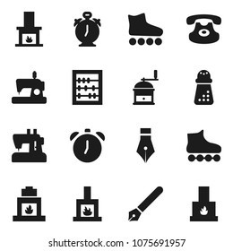 Flat vector icon set - hand mill vector, pen, alarm clock, abacus, roller Skates, classic phone, fireplace, sewing machine