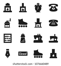 Flat vector icon set - hand mill vector, pen, alarm clock, abacus, roller Skates, classic phone, fireplace, closed, sewing machine
