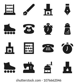 Flat vector icon set - hand mill vector, pen, alarm clock, abacus, roller Skates, classic phone, fireplace, sewing machine