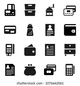 Flat vector icon set - hand mill vector, archive, personal information, credit card, wallet, reader