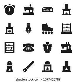 Flat vector icon set - hand mill vector, pen, alarm clock, abacus, roller Skates, classic phone, fireplace, closed, sewing machine