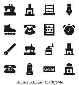 Flat vector icon set - hand mill vector, pen, alarm clock, abacus, roller Skates, classic phone, fireplace, closed, sewing machine