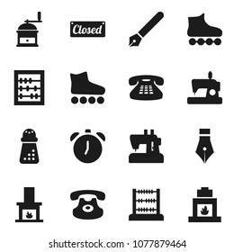 Flat vector icon set - hand mill vector, pen, alarm clock, abacus, roller Skates, classic phone, fireplace, closed, sewing machine